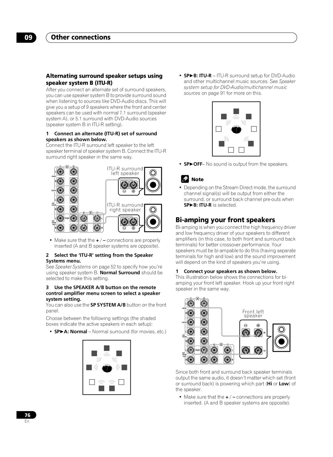 Pioneer VSA-AX10Ai manual Other connections, Bi-amping your front speakers, SP B ITU-R is selected 