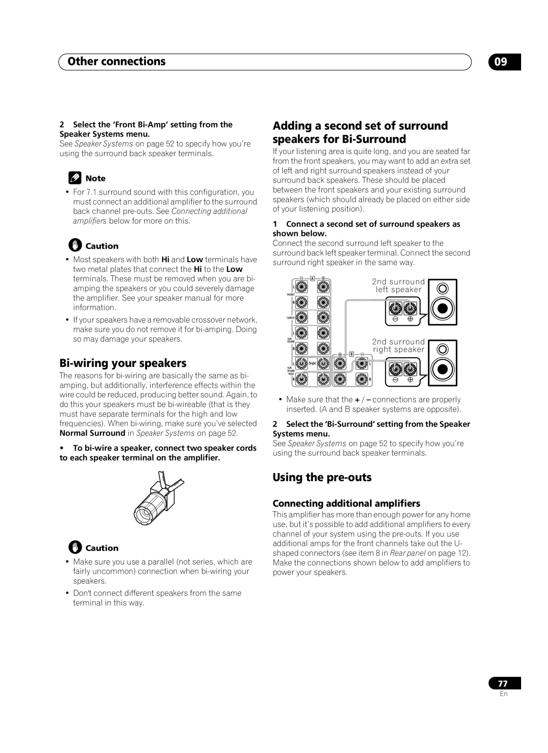 Pioneer VSA-AX10Ai manual Bi-wiring your speakers, Using the pre-outs, Connecting additional amplifiers 