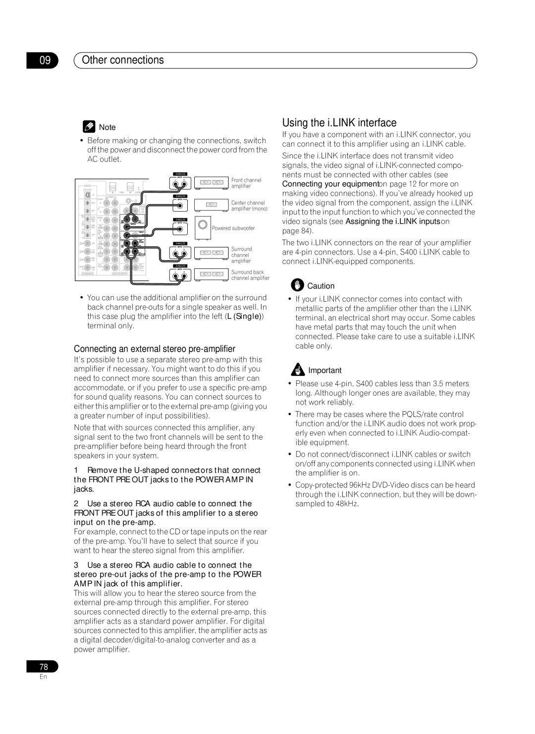 Pioneer VSA-AX10Ai manual Using the i.LINK interface, Connecting an external stereo pre-amplifier 