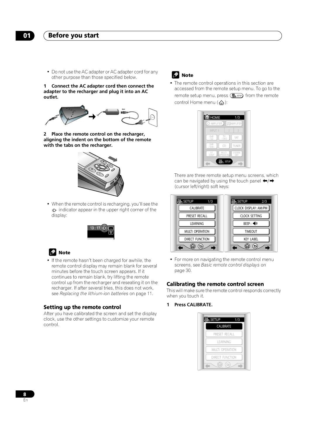 Pioneer VSA-AX10Ai Before you start, Setting up the remote control, Calibrating the remote control screen, Press Calibrate 