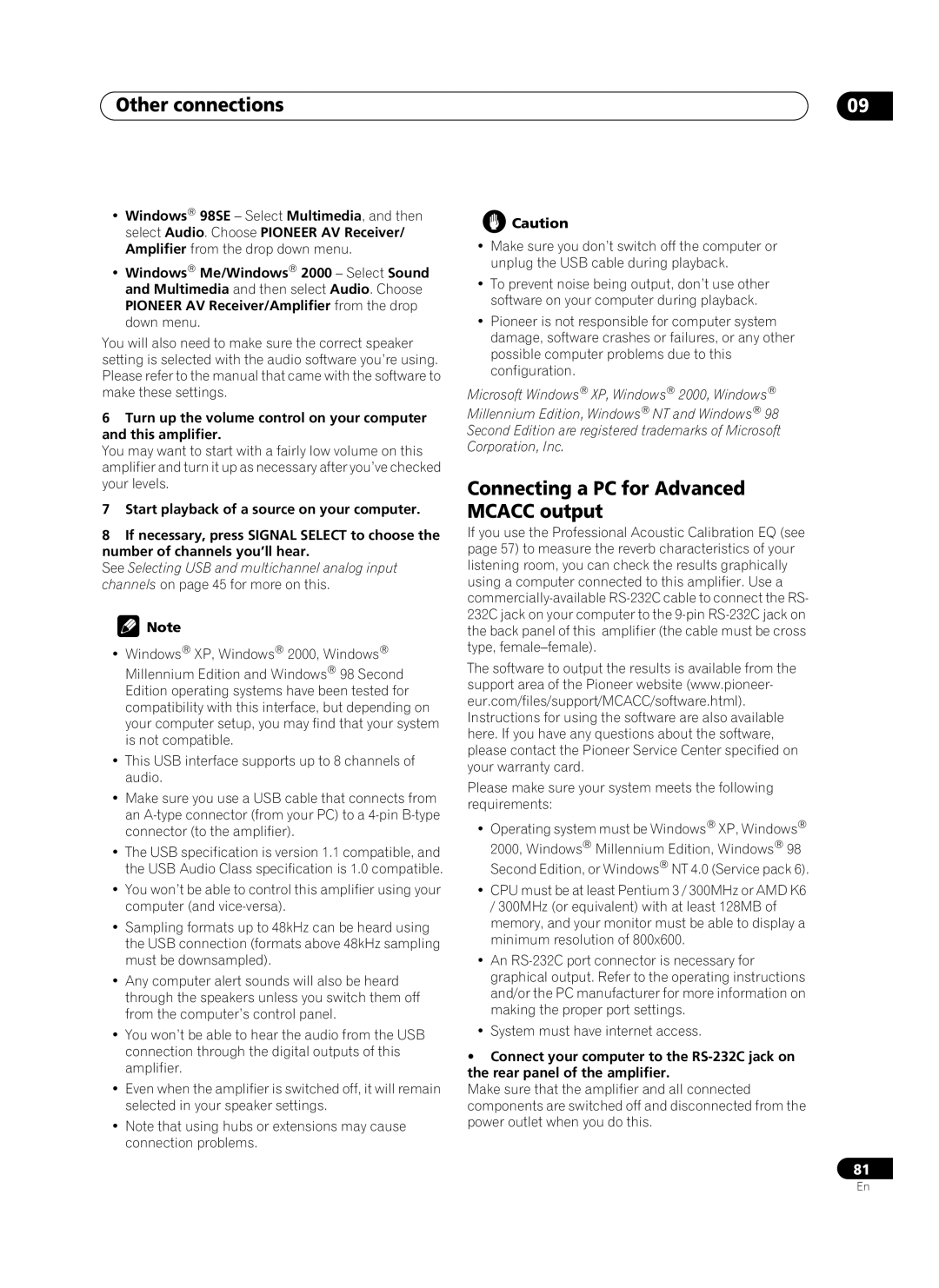 Pioneer VSA-AX10Ai manual Connecting a PC for Advanced Mcacc output 