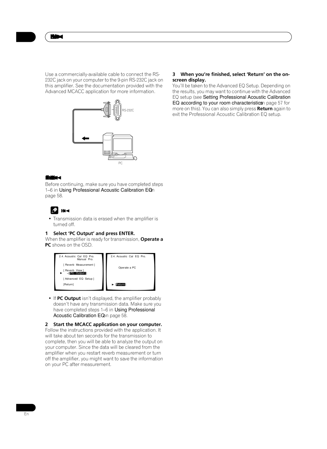 Pioneer VSA-AX10Ai manual Advanced Mcacc output using your PC, Select ‘PC Output’ and press Enter 