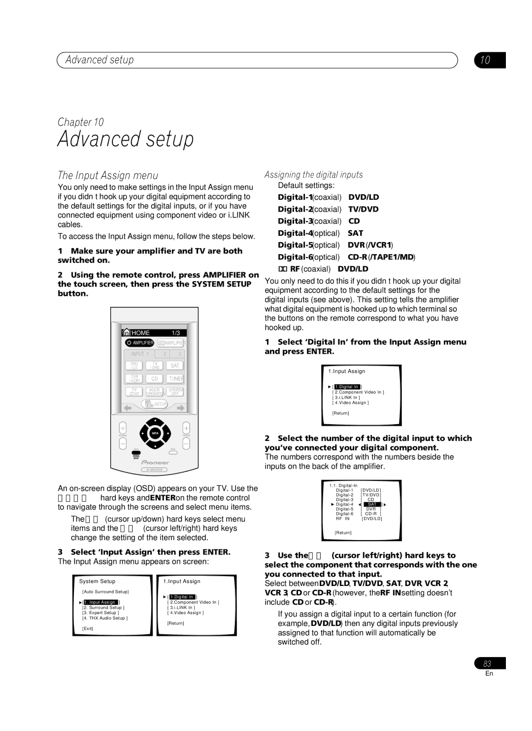 Pioneer VSA-AX10Ai manual Advanced setup Chapter, Input Assign menu, Assigning the digital inputs 