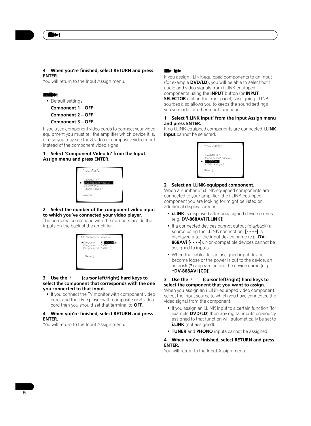 Pioneer VSA-AX10Ai manual Advanced setup, Assigning the component video inputs, Assigning the i.LINK inputs 