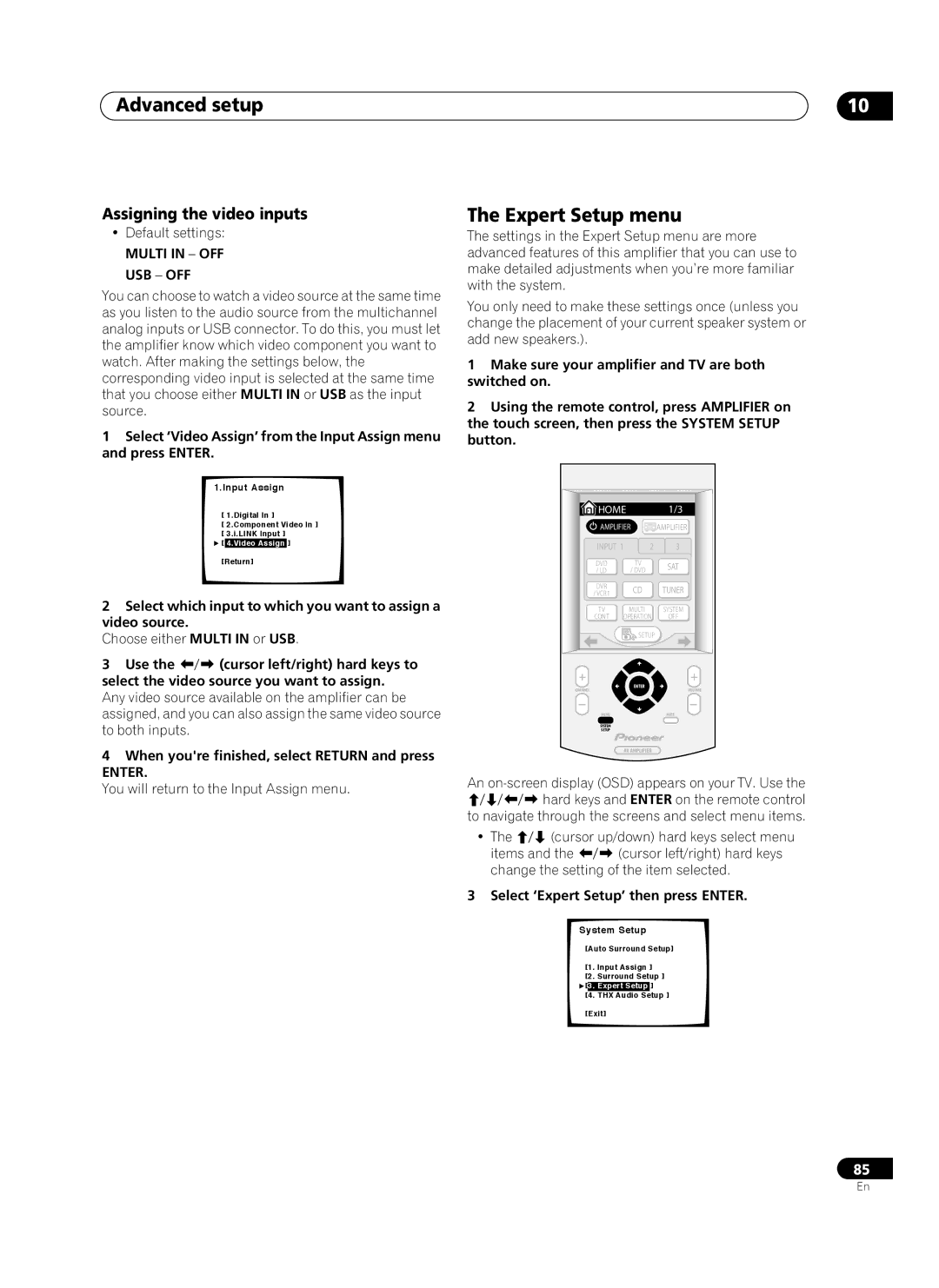 Pioneer VSA-AX10Ai manual Expert Setup menu, Assigning the video inputs, Multi in OFF USB OFF 