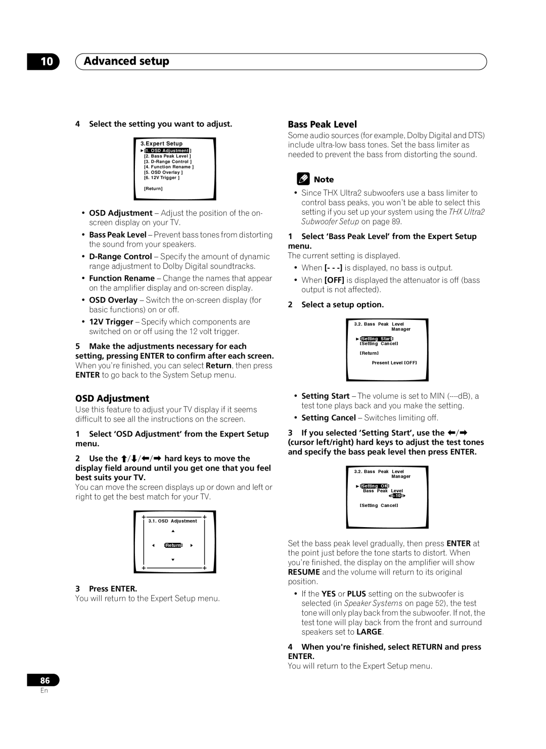 Pioneer VSA-AX10Ai manual OSD Adjustment, Bass Peak Level 