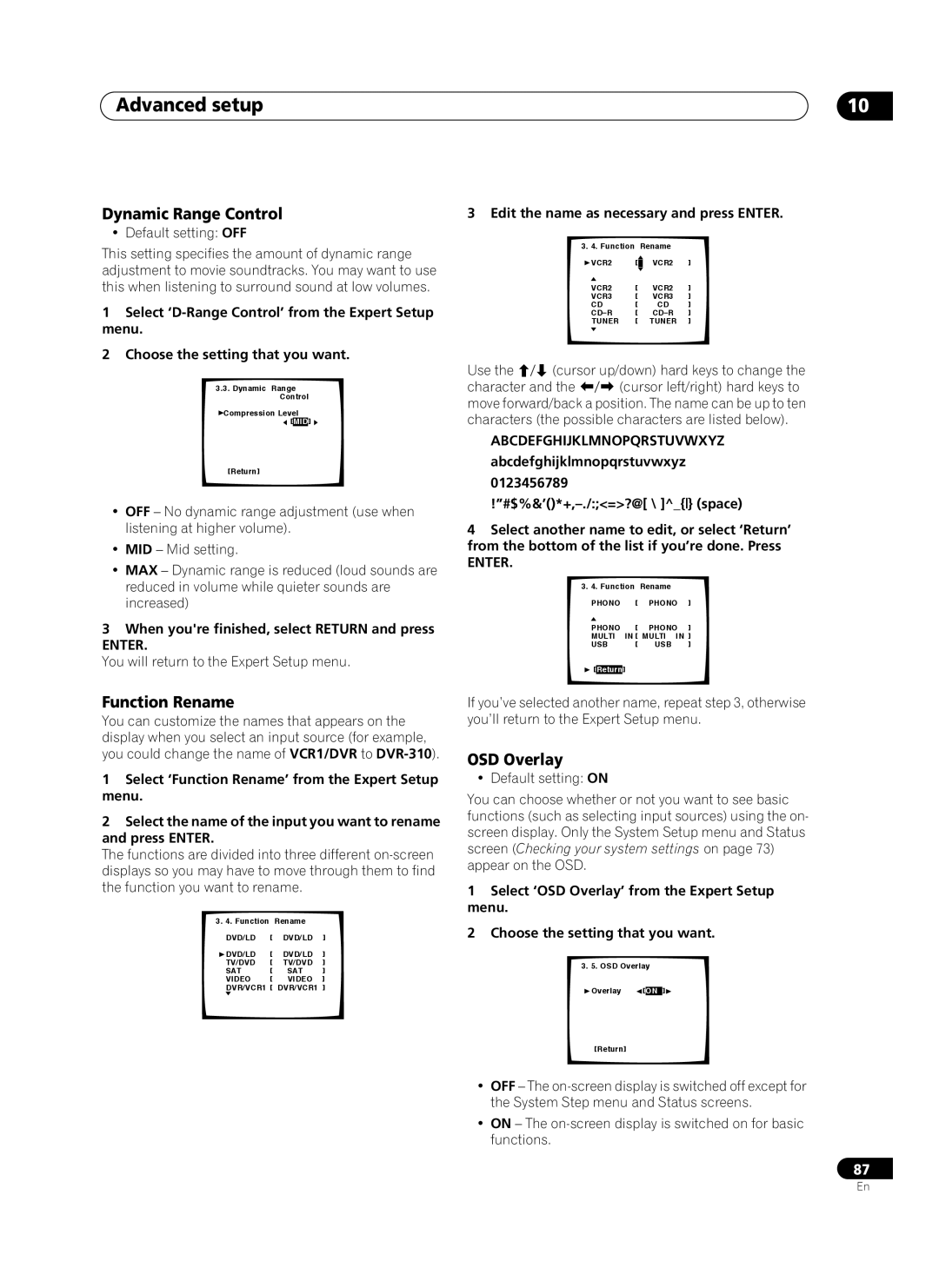 Pioneer VSA-AX10Ai manual Dynamic Range Control, Function Rename, OSD Overlay, Edit the name as necessary and press Enter 