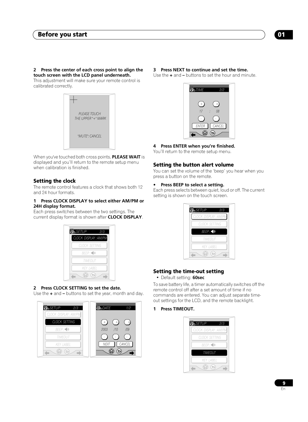 Pioneer VSA-AX10Ai manual Setting the clock, Setting the button alert volume, Setting the time-out setting 