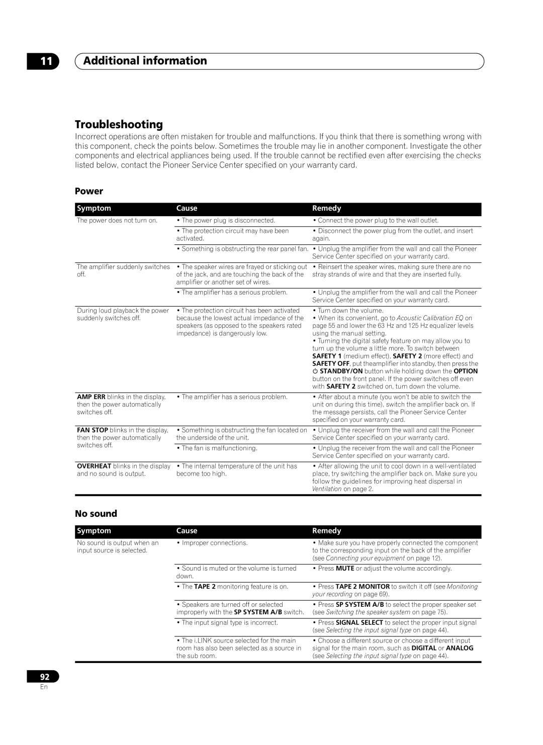 Pioneer VSA-AX10Ai manual Additional information Troubleshooting, Power, No sound 