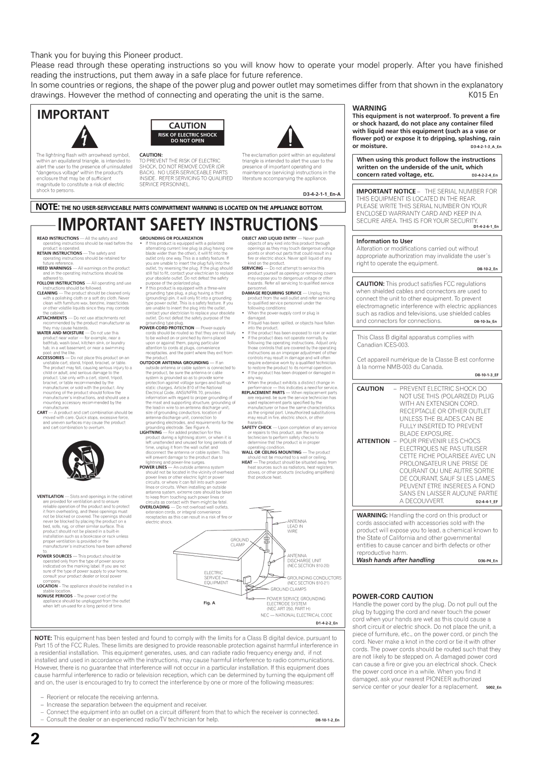 Pioneer VSW-1 2 manual K015 En, Information to User 