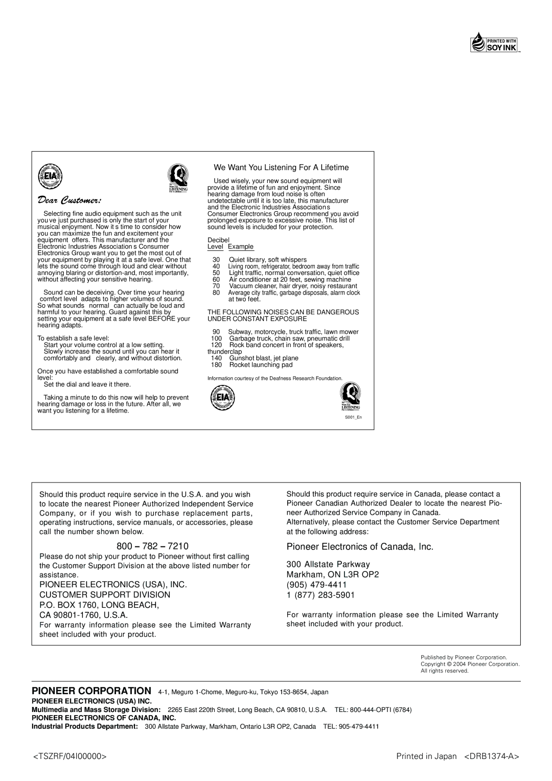 Pioneer VSW-1 2 manual 800 782 Pioneer Electronics of Canada, Inc, Pioneer Electronics USA, INC, Customer Support Division 