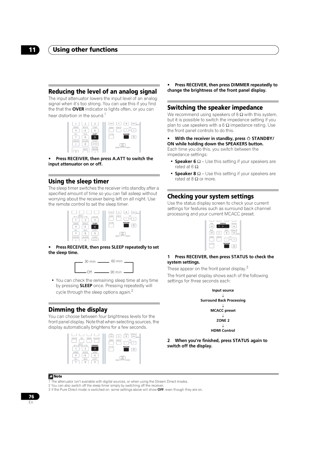 Pioneer VSX-01THX Using the sleep timer, Switching the speaker impedance, Checking your system settings 