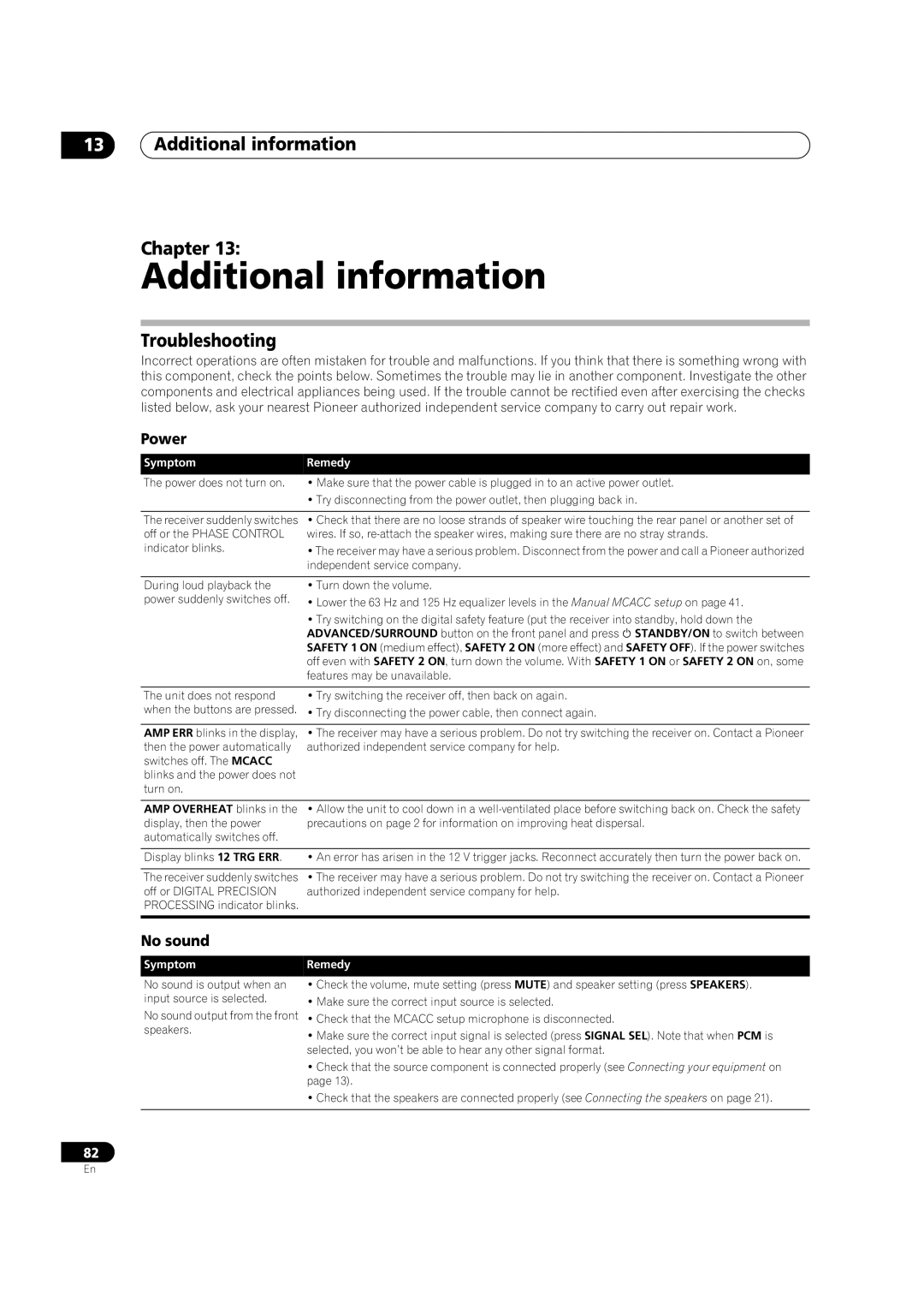 Pioneer VSX-01THX operating instructions Additional information Chapter, Troubleshooting, Power, No sound 