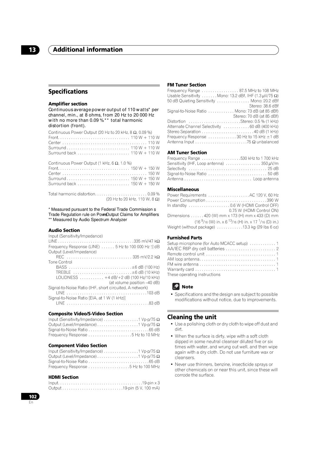 Pioneer VSX-01TXH manual Additional information Specifications, Cleaning the unit 