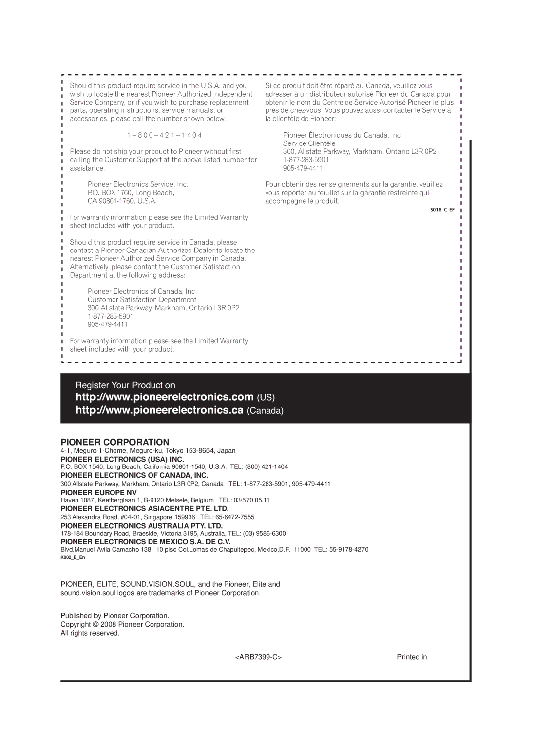 Pioneer VSX-01TXH manual Pioneer Corporation 