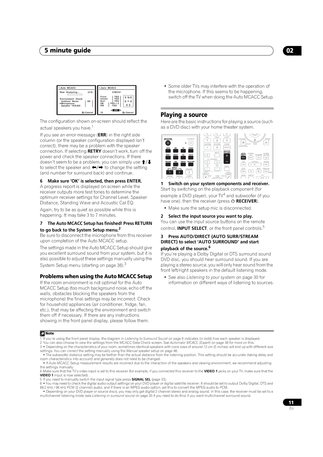 Pioneer VSX-01TXH manual Minute guide, Playing a source, Problems when using the Auto Mcacc Setup 