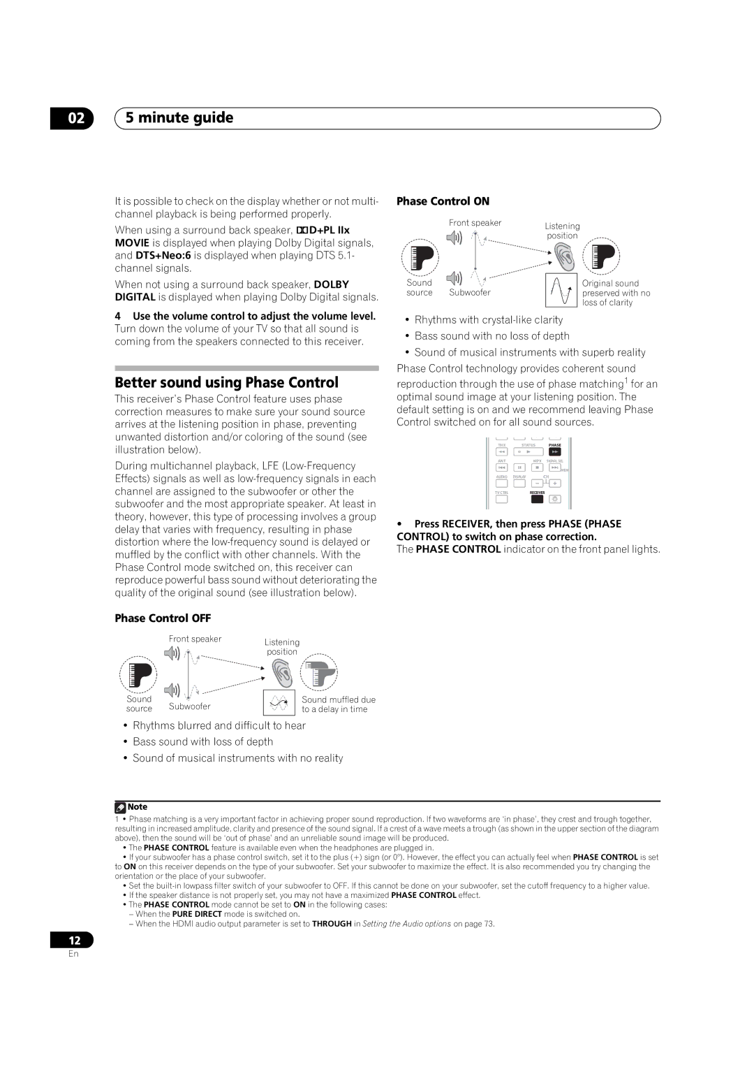 Pioneer VSX-01TXH manual 02 5 minute guide, Better sound using Phase Control, Phase Control on, Phase Control OFF 