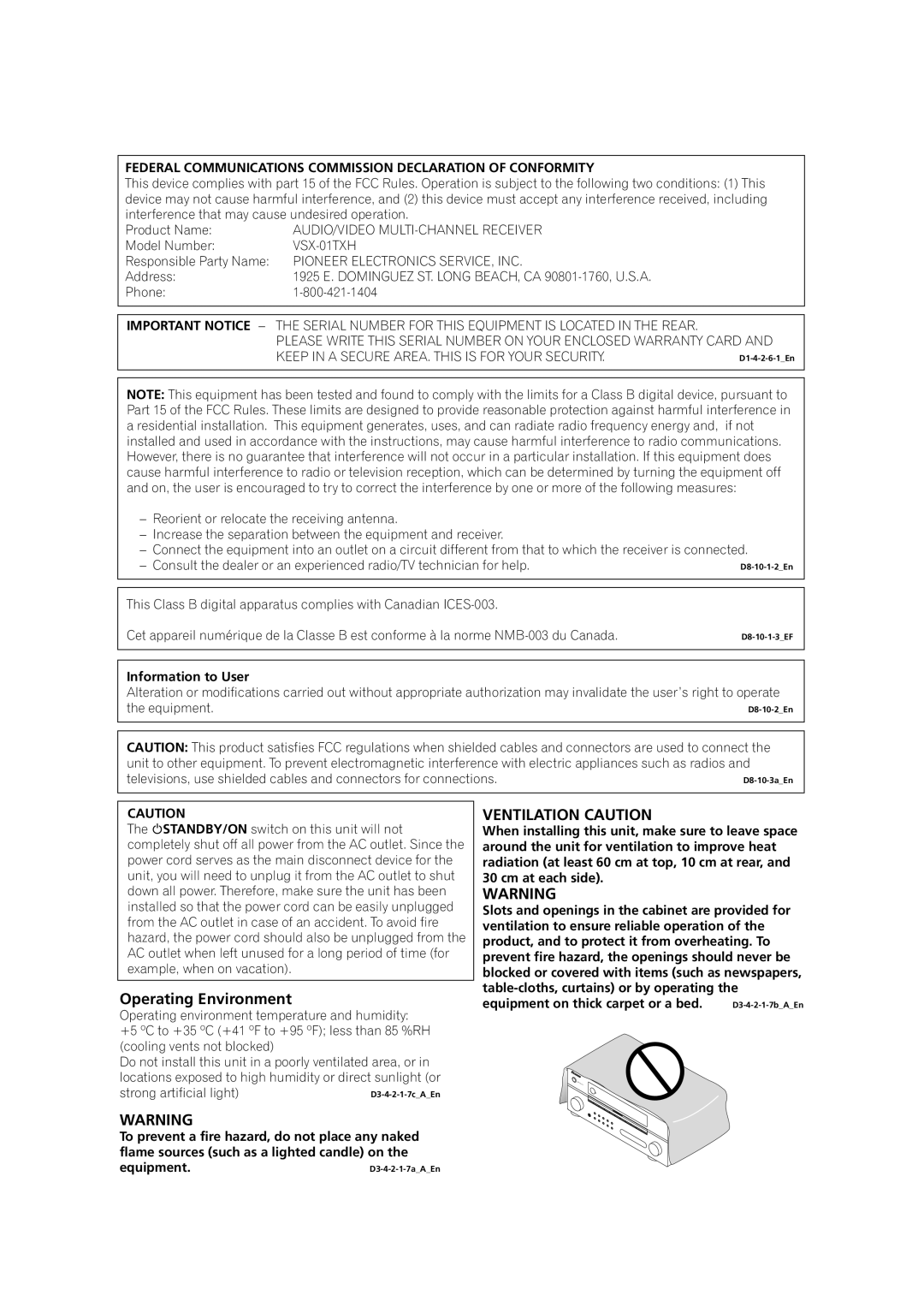 Pioneer VSX-01TXH Operating Environment, Federal Communications Commission Declaration of Conformity, Information to User 