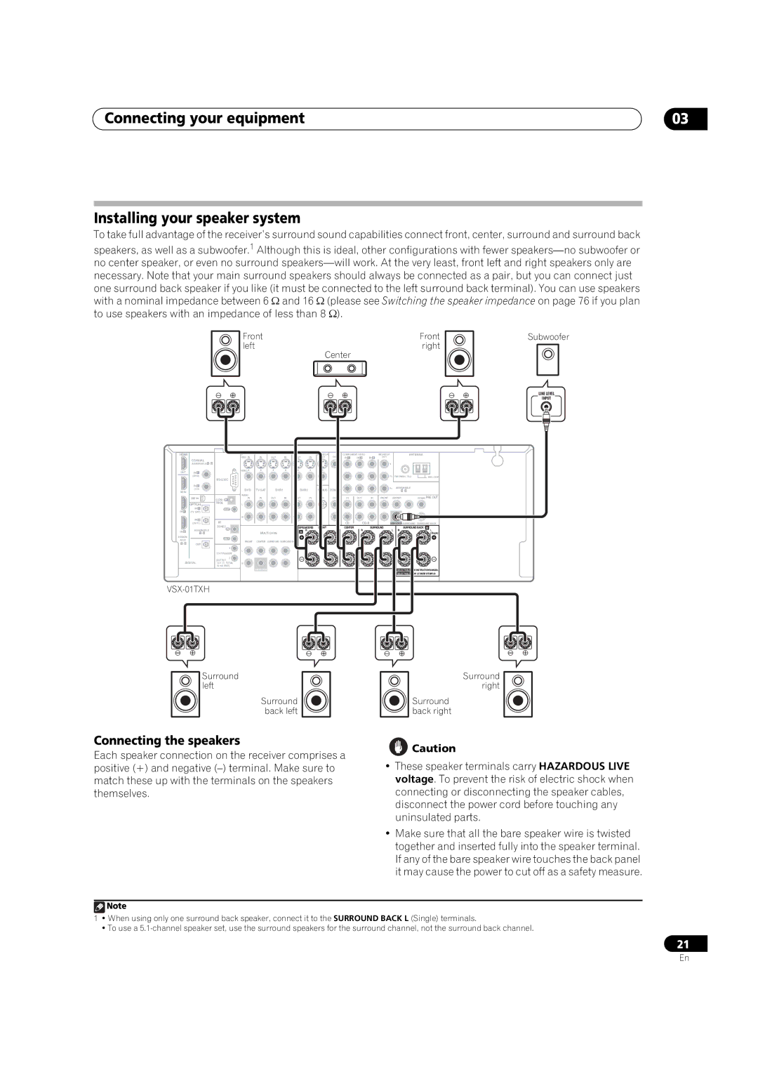 Pioneer VSX-01TXH manual Connecting your equipment Installing your speaker system, Connecting the speakers 