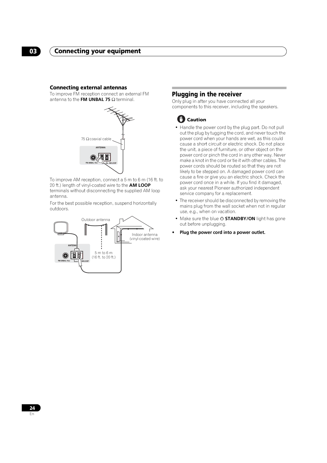 Pioneer VSX-01TXH manual Plugging in the receiver, Connecting external antennas, Plug the power cord into a power outlet 