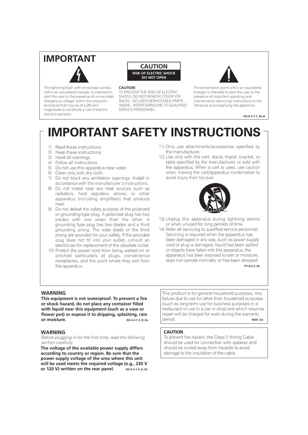 Pioneer VSX-01TXH manual Risk of Electric Shock Do not Open 