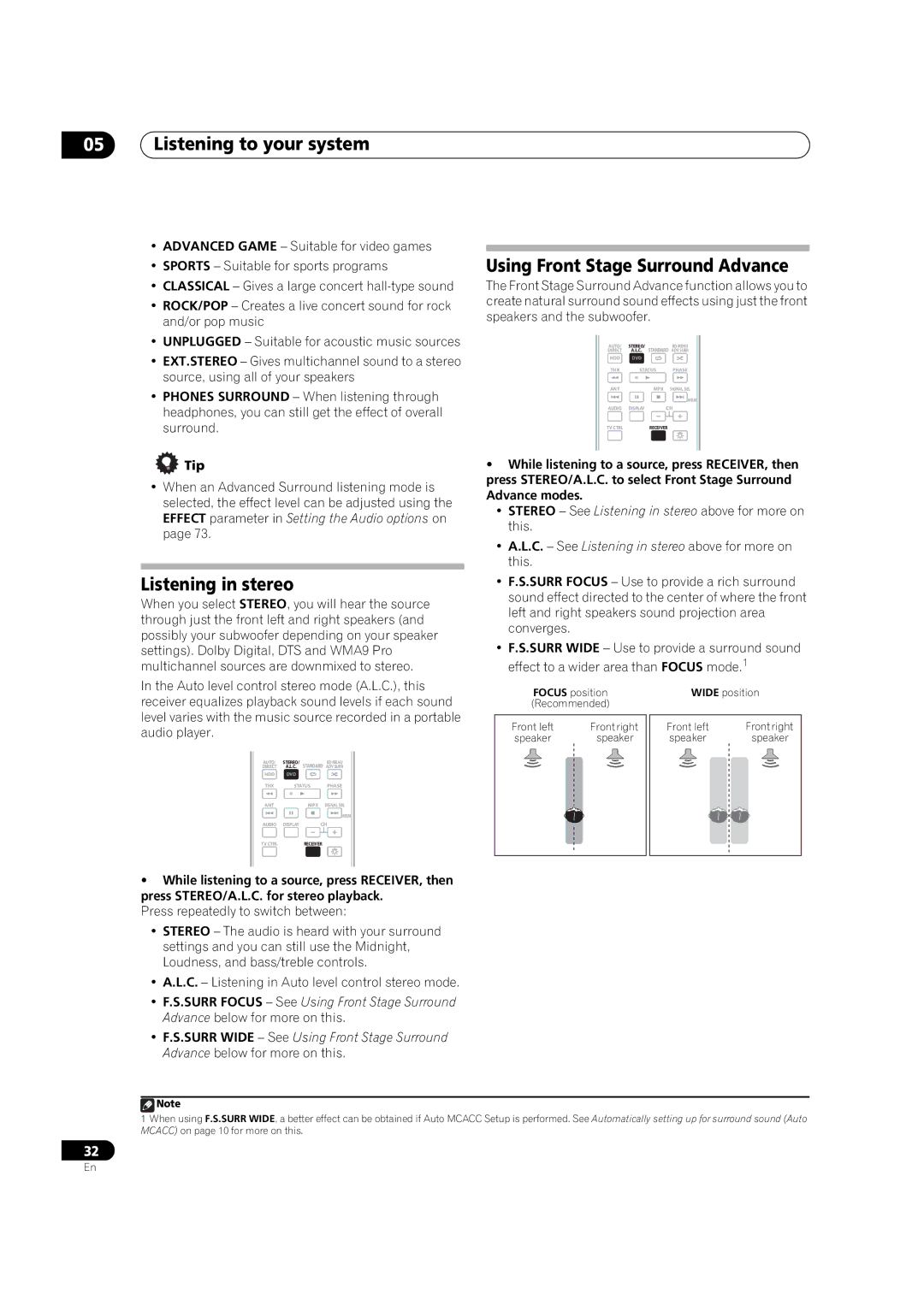 Pioneer VSX-01TXH manual Listening in stereo, Using Front Stage Surround Advance, Tip 