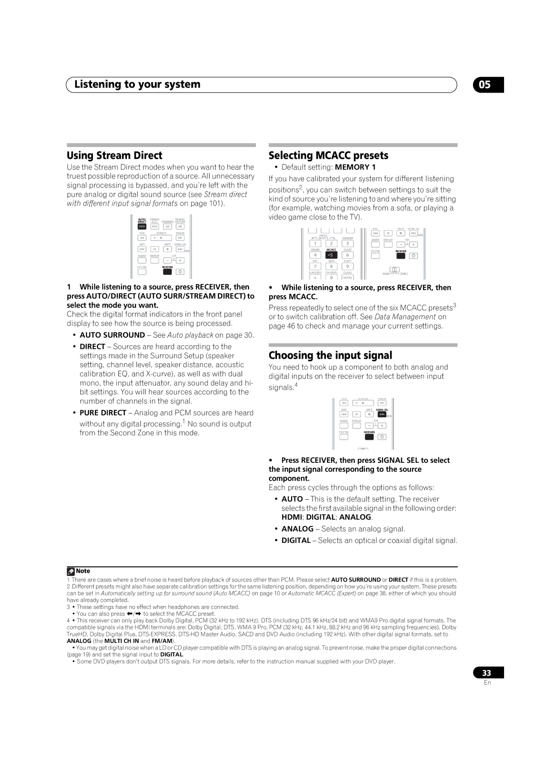 Pioneer VSX-01TXH manual Listening to your system Using Stream Direct, Selecting Mcacc presets, Choosing the input signal 