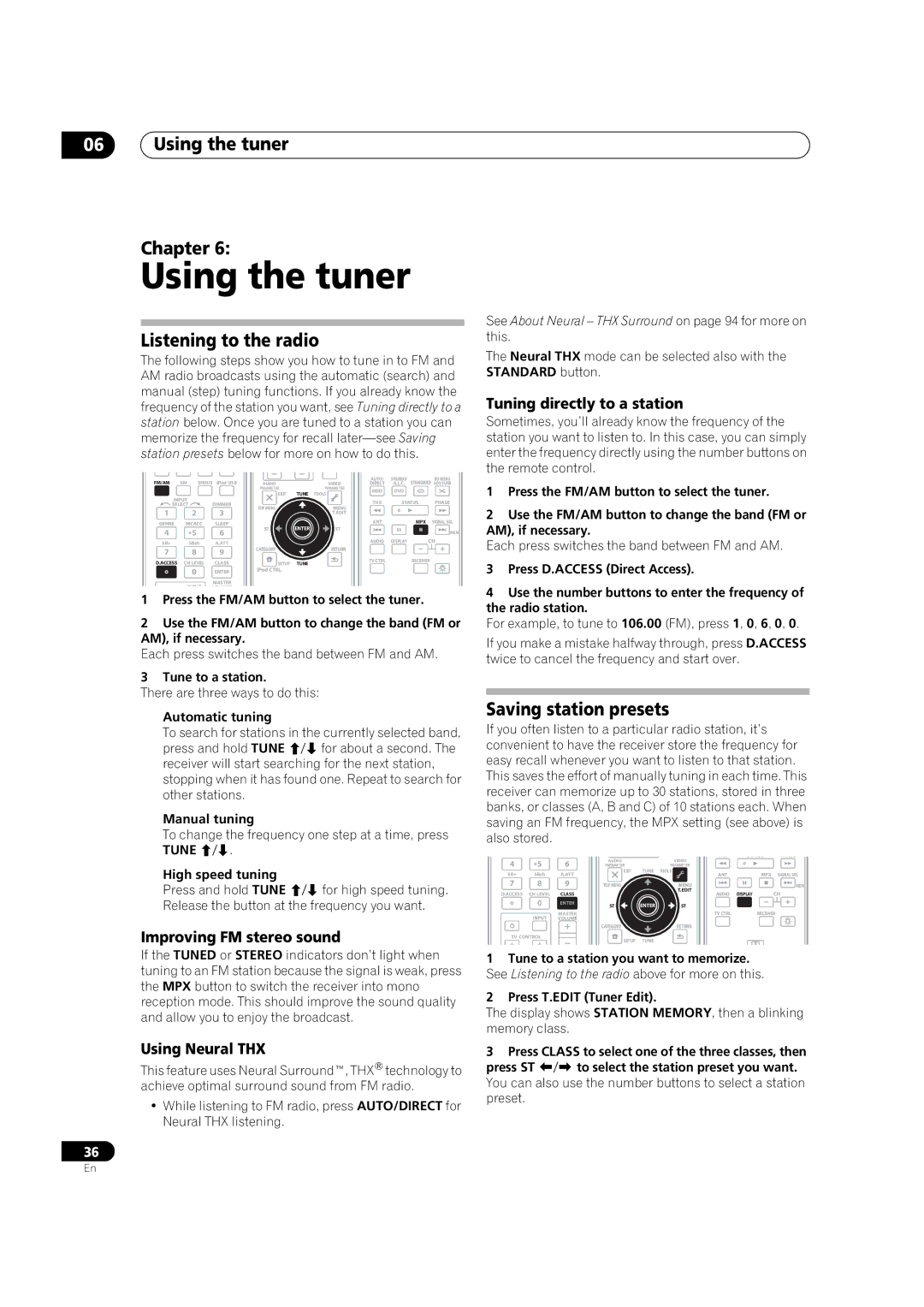 Pioneer VSX-01TXH manual Using the tuner Chapter, Listening to the radio, Saving station presets 