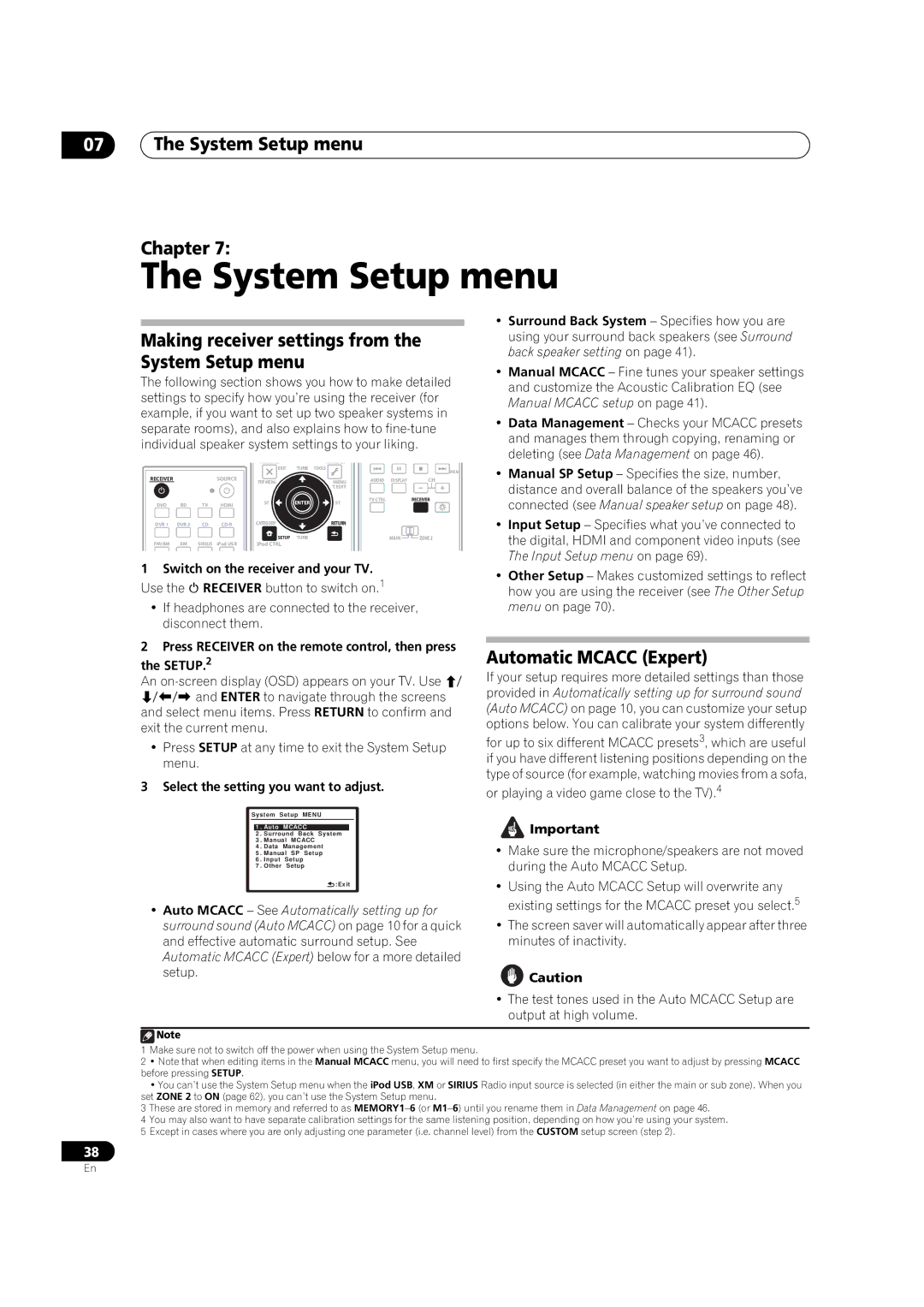 Pioneer VSX-01TXH manual System Setup menu Chapter, Making receiver settings from the System Setup menu 