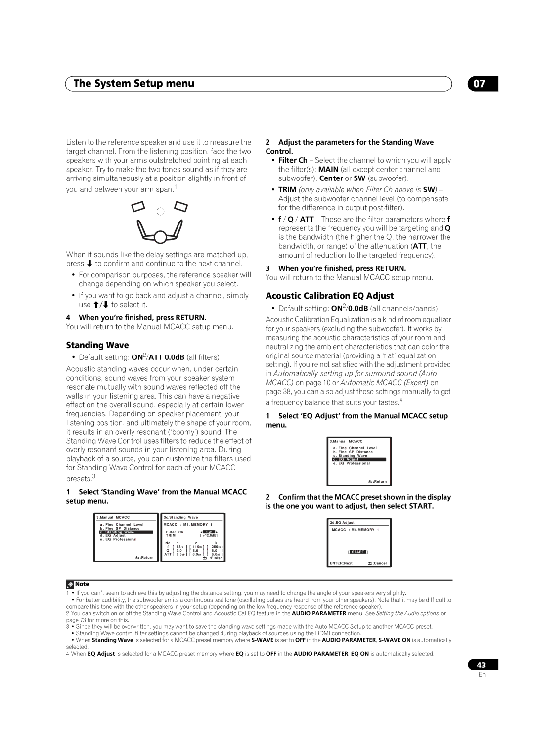 Pioneer VSX-01TXH manual Acoustic Calibration EQ Adjust, Select ‘Standing Wave’ from the Manual Mcacc setup menu 