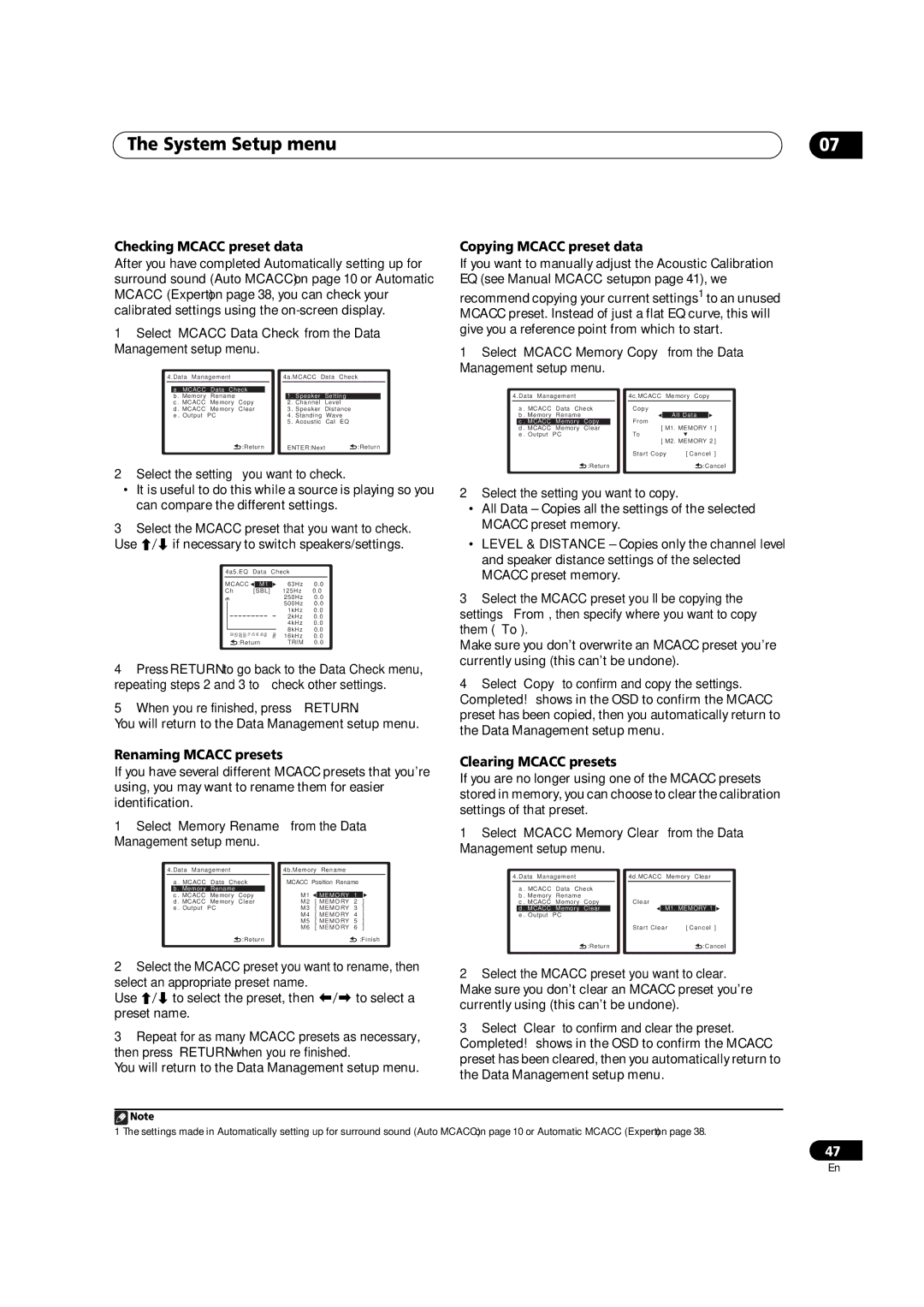 Pioneer VSX-01TXH Checking Mcacc preset data, Copying Mcacc preset data, Renaming Mcacc presets, Clearing Mcacc presets 