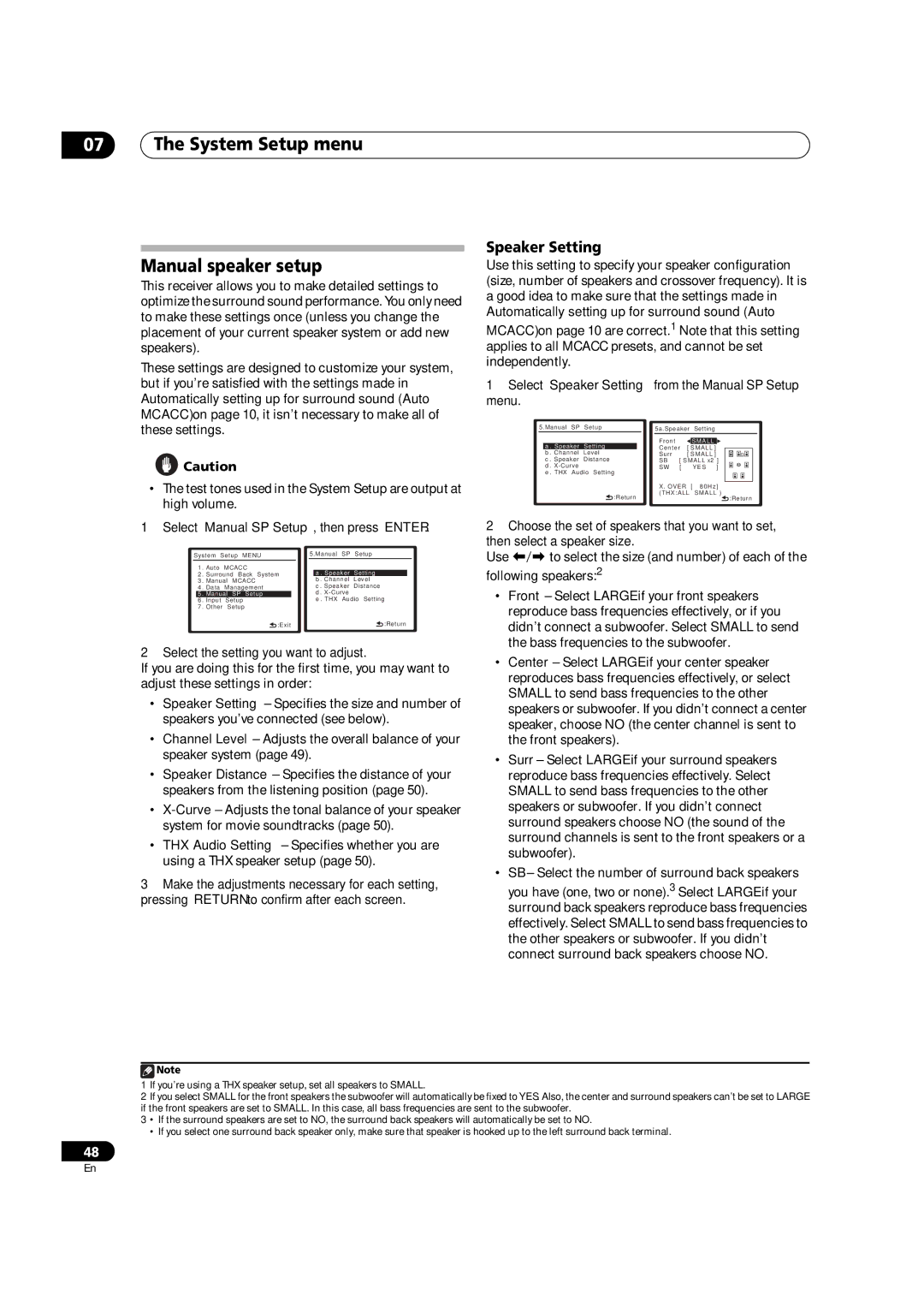 Pioneer VSX-01TXH System Setup menu Manual speaker setup, Speaker Setting, Select ‘Manual SP Setup’, then press Enter 