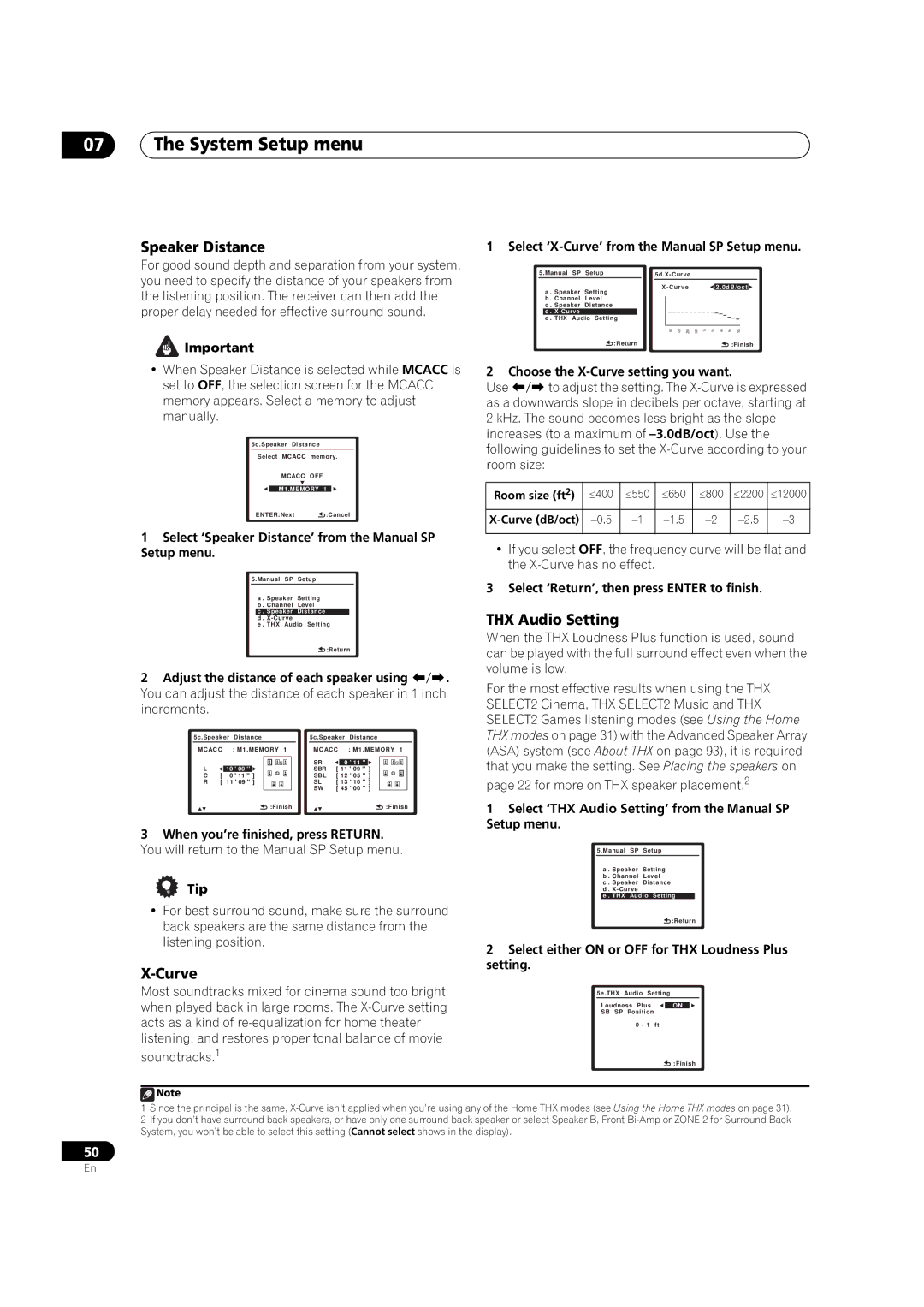Pioneer VSX-01TXH manual Speaker Distance, Curve, THX Audio Setting 