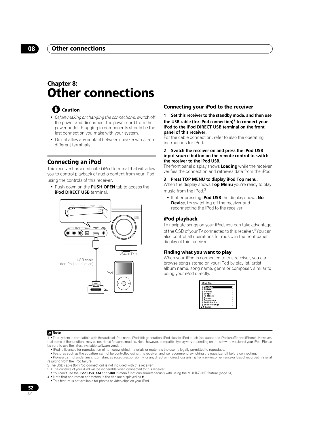 Pioneer VSX-01TXH Other connections Chapter, Connecting an iPod, Connecting your iPod to the receiver, IPod playback 