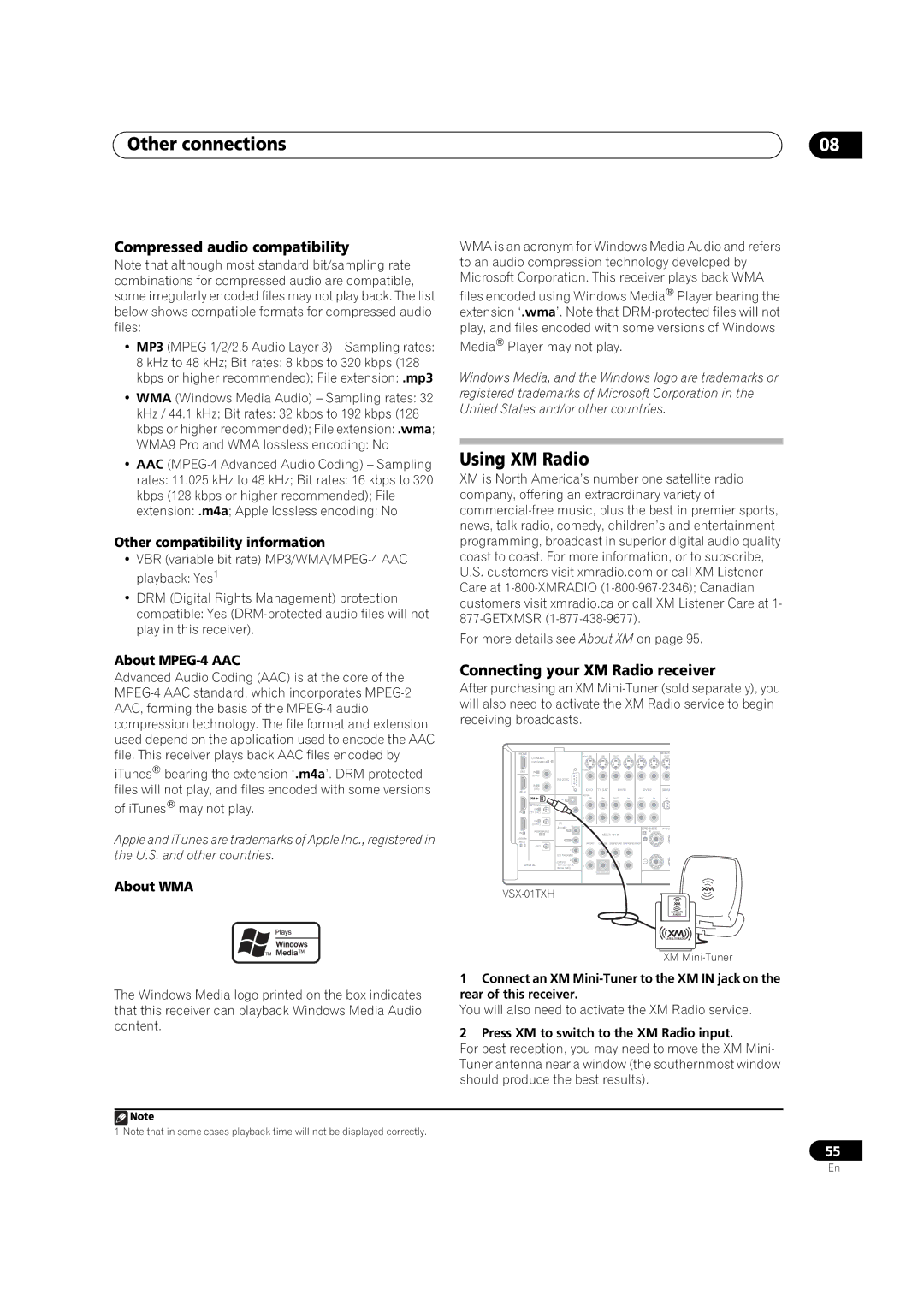 Pioneer VSX-01TXH manual Using XM Radio, Compressed audio compatibility, Connecting your XM Radio receiver 