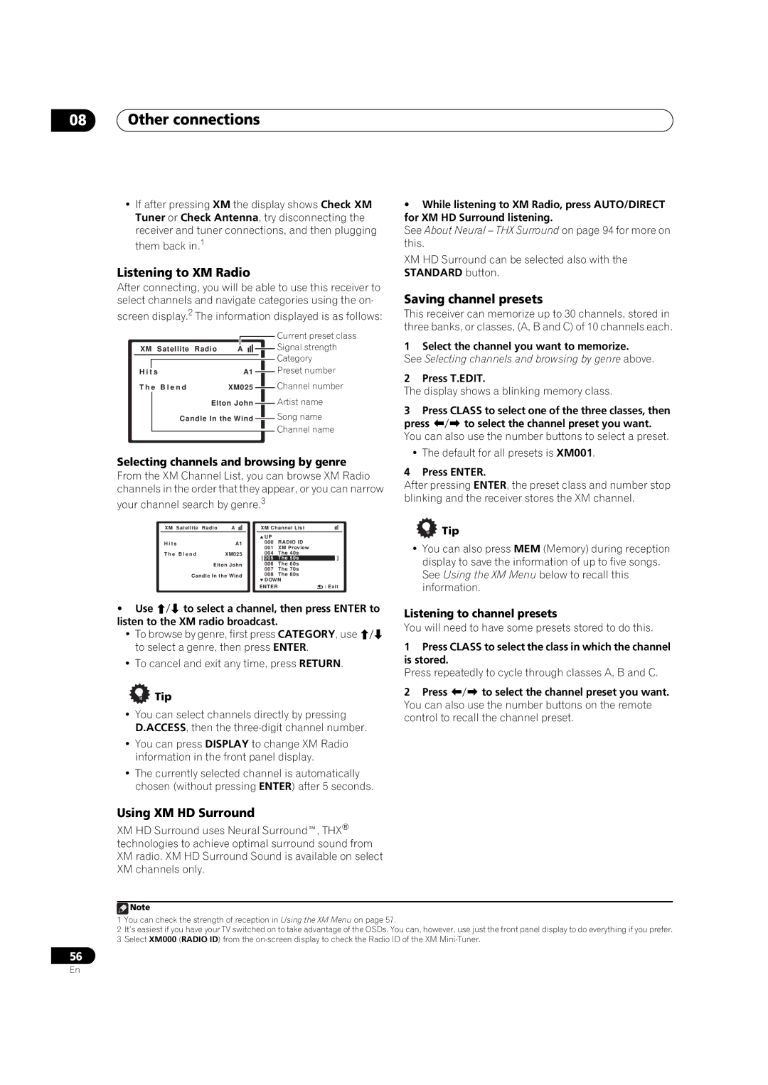 Pioneer VSX-01TXH manual Listening to XM Radio, Saving channel presets, Using XM HD Surround, Listening to channel presets 
