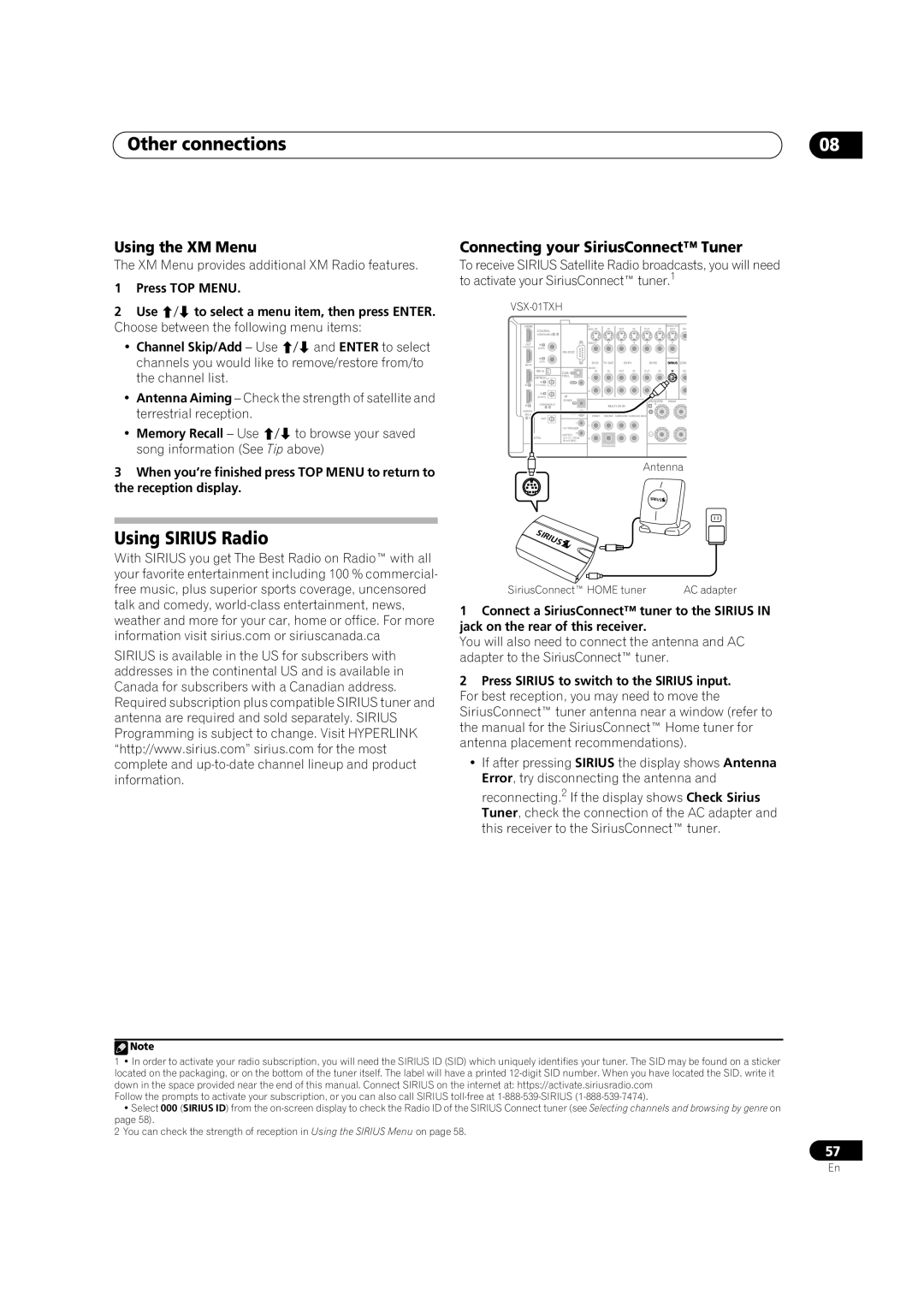 Pioneer VSX-01TXH manual Using Sirius Radio, Using the XM Menu, Connecting your SiriusConnect Tuner 