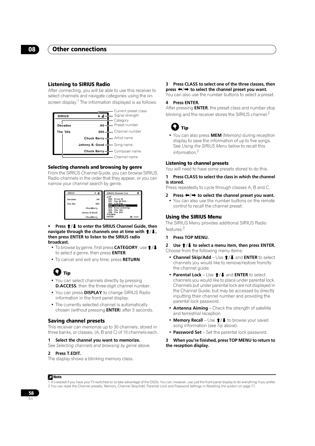 Pioneer VSX-01TXH manual Listening to Sirius Radio, Using the Sirius Menu, Press / to select the channel preset you want 