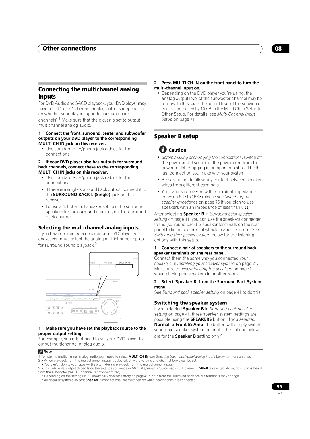 Pioneer VSX-01TXH manual Other connections Connecting the multichannel analog inputs, Speaker B setup 