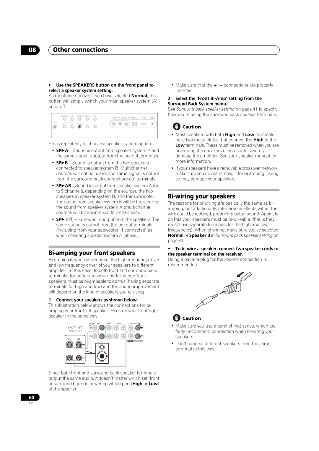 Pioneer VSX-01TXH manual Bi-amping your front speakers, Bi-wiring your speakers, Connect your speakers as shown below 