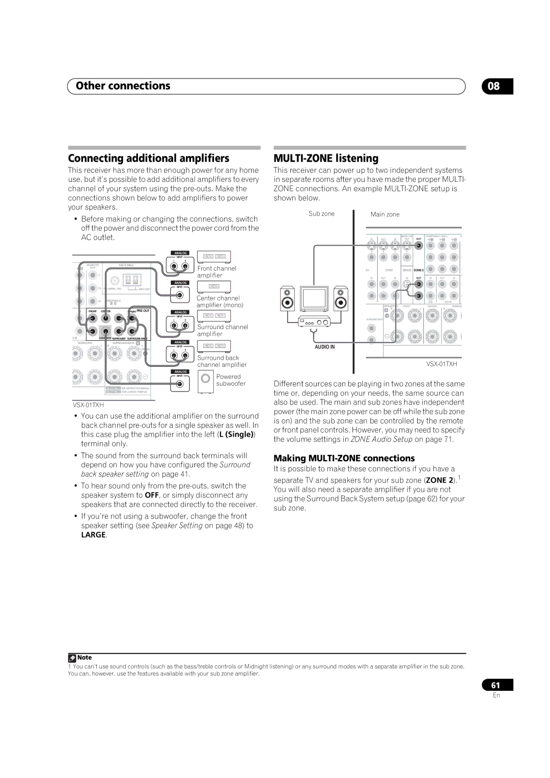 Pioneer VSX-01TXH Other connections Connecting additional amplifiers, MULTI-ZONE listening, Making MULTI-ZONE connections 