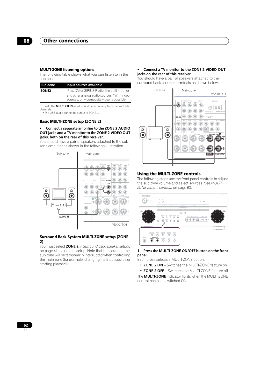 Pioneer VSX-01TXH manual Using the MULTI-ZONE controls, MULTI-ZONE listening options, Basic MULTI-ZONE setup Zone 