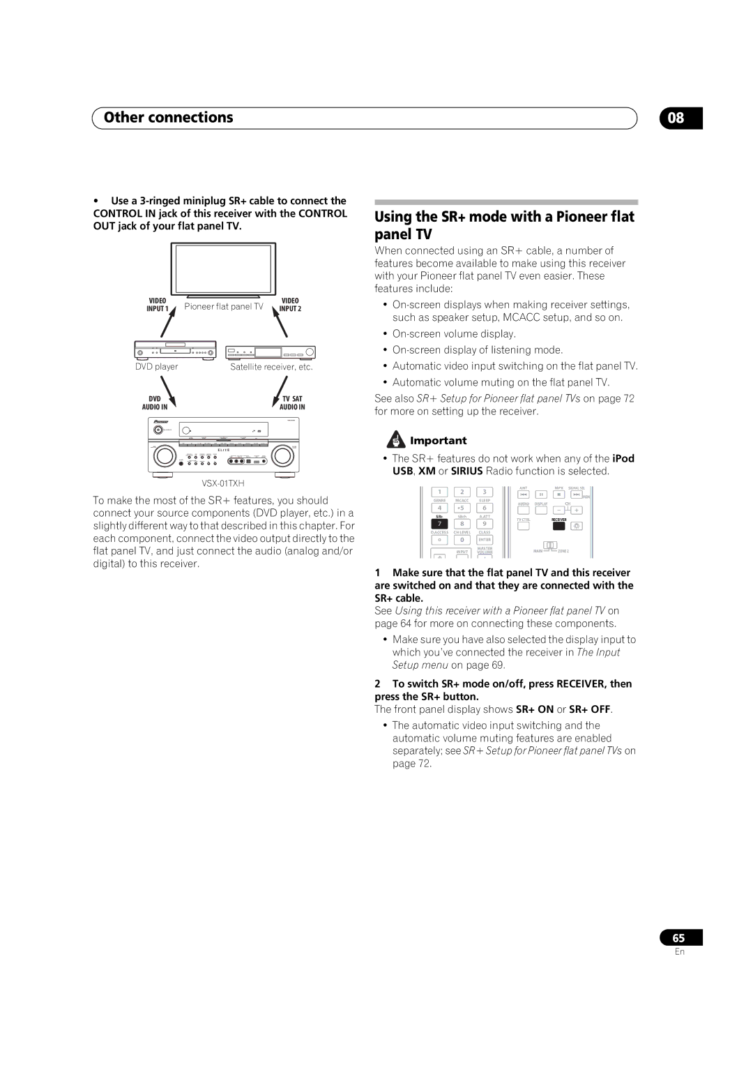 Pioneer VSX-01TXH manual Using the SR+ mode with a Pioneer flat panel TV 