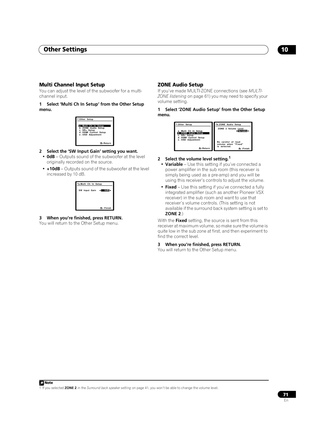 Pioneer VSX-01TXH manual Multi Channel Input Setup, Zone Audio Setup 