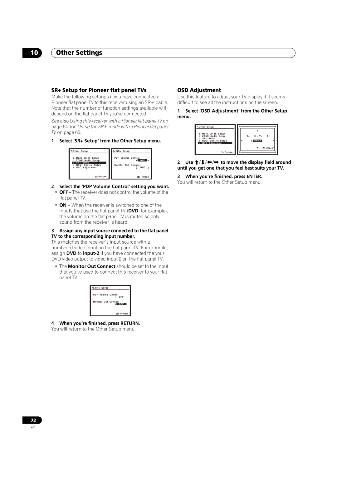 Pioneer VSX-01TXH manual SR+ Setup for Pioneer flat panel TVs, OSD Adjustment, Select ‘SR+ Setup’ from the Other Setup menu 