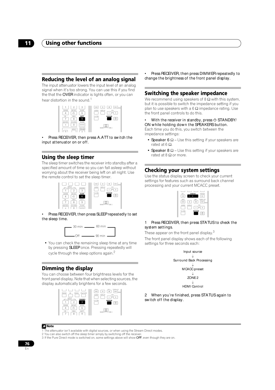 Pioneer VSX-01TXH manual Using the sleep timer, Switching the speaker impedance, Checking your system settings 