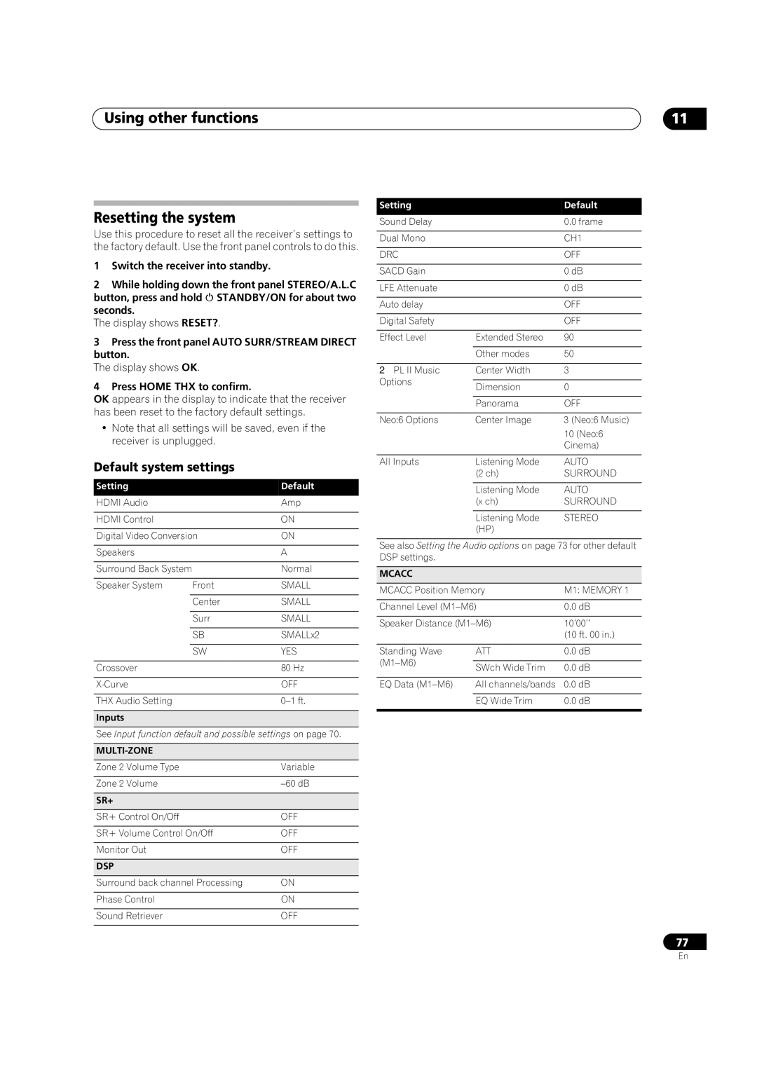 Pioneer VSX-01TXH manual Using other functions Resetting the system, Default system settings, Press Home THX to confirm 