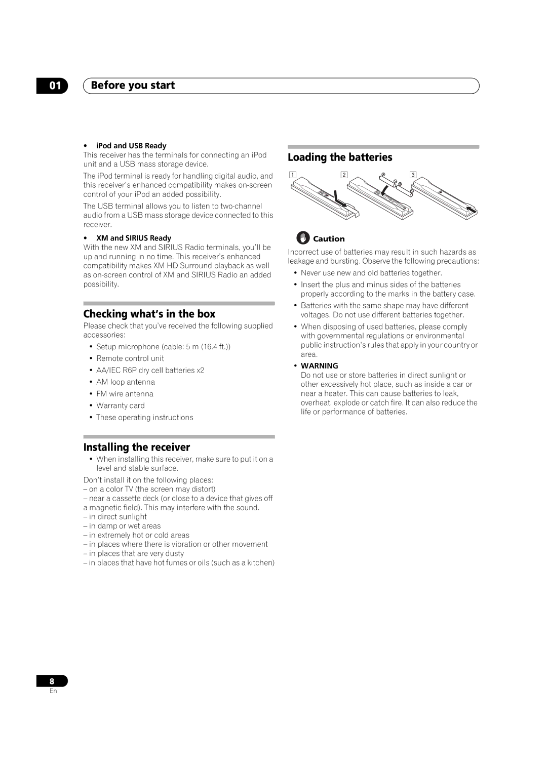 Pioneer VSX-01TXH manual Before you start, Checking what’s in the box, Installing the receiver, Loading the batteries 