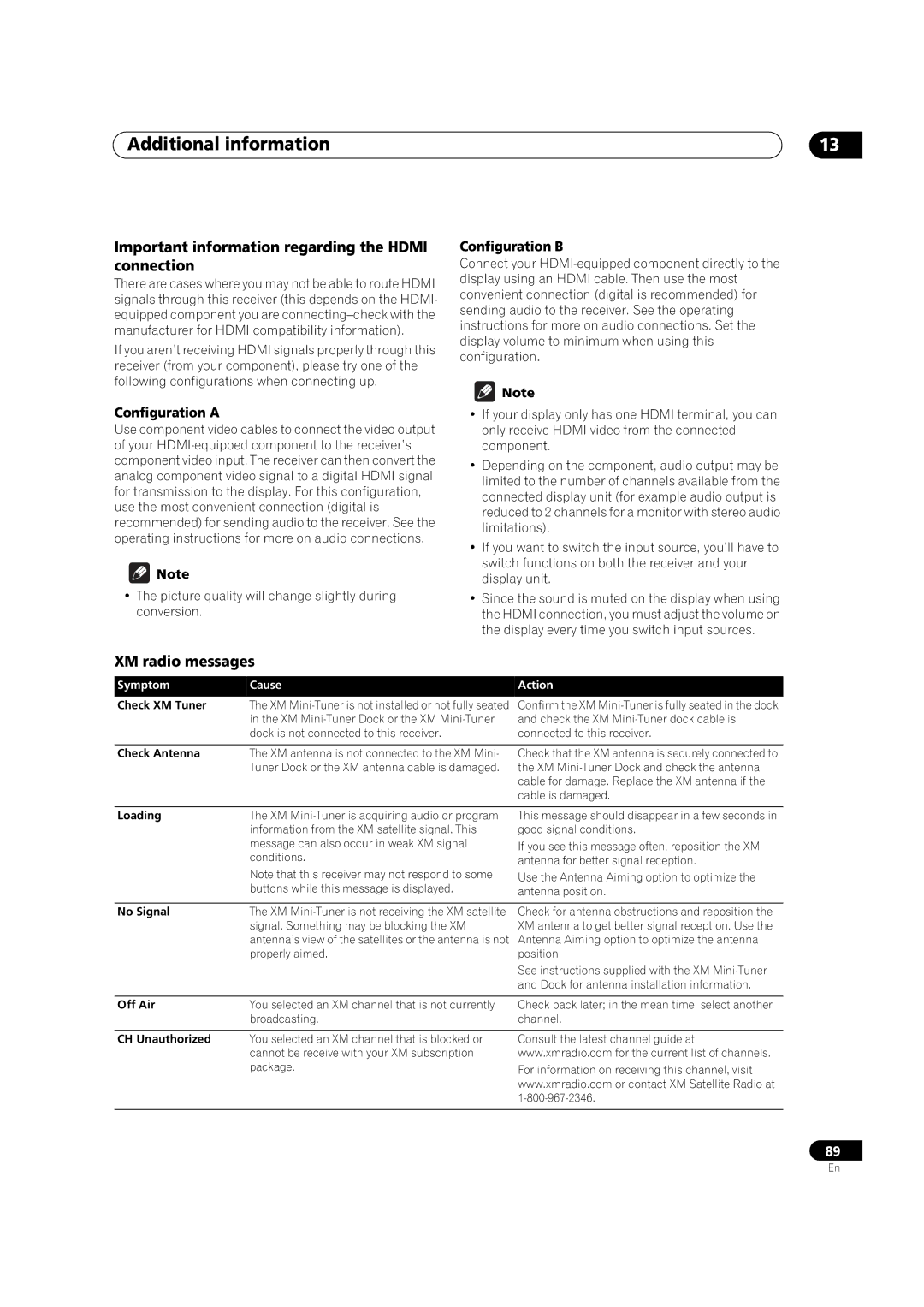 Pioneer VSX-01TXH Important information regarding the Hdmi connection, XM radio messages, Configuration a, Configuration B 