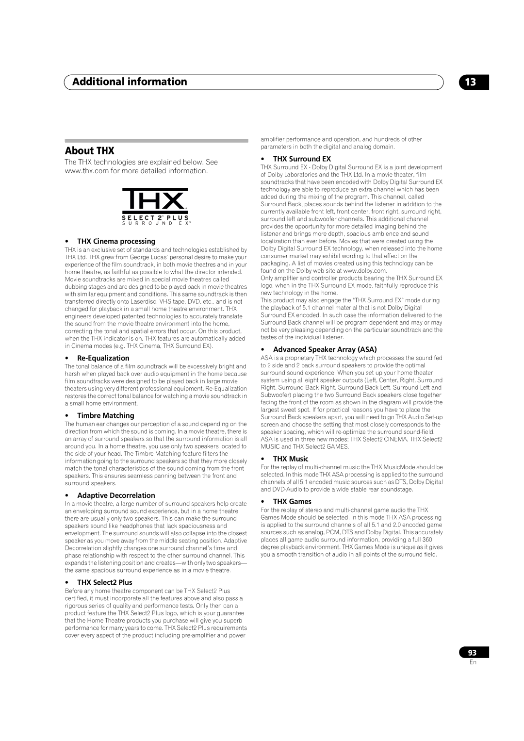 Pioneer VSX-01TXH manual Additional information About THX 